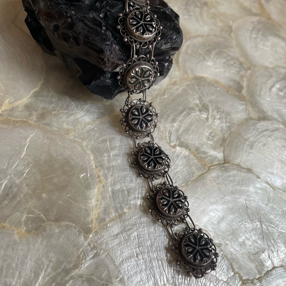 Sterling silver filigree mourning bracelet glass/obsidian vintage signed Mexico - Picture 1 of 6